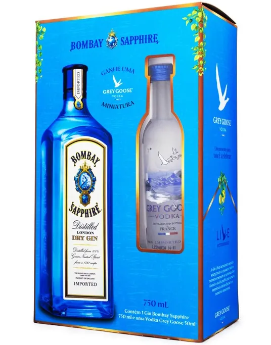 Kit Gin Bombay Sapphire 750 ml + Mini Grey Goose 50 ml Kit Gin Bombay Sapphire 750 ml + Mini Grey Goose 50 ml