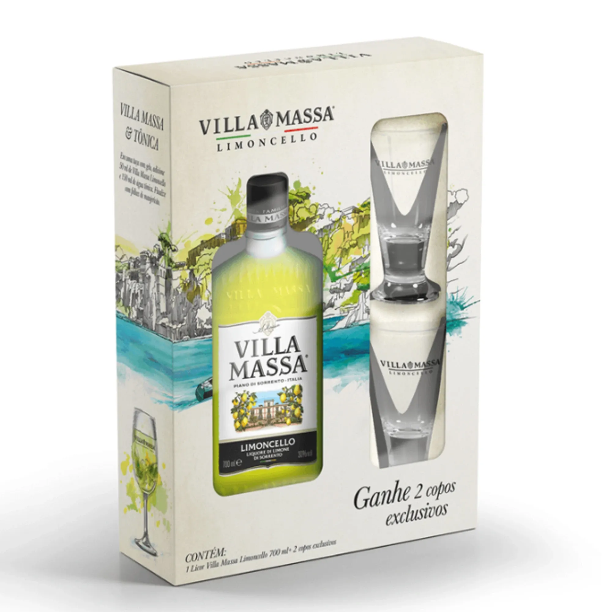 Kit Licor Limoncello Villa Massa + 2 Copos 700ml Kit Licor Limoncello Villa Massa + 2 Copos 700ml